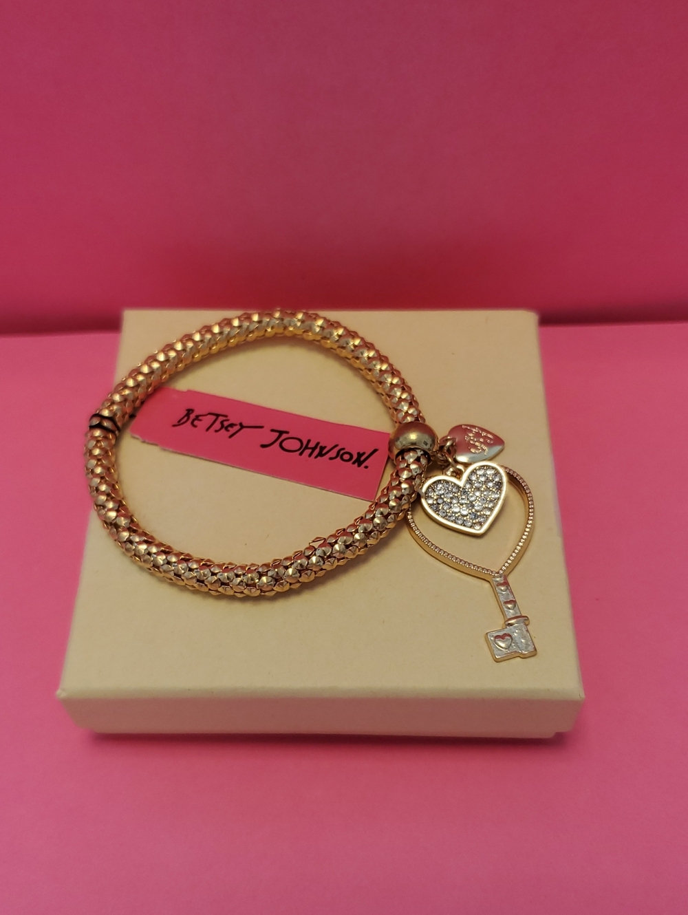 Betsey Johnson Rose Gold Crystal Heart Key Charm Bracelet